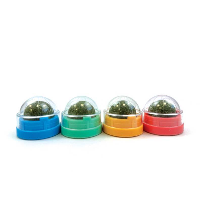 Set of four Tabby Patch Catnip Rollers in blue, green, yellow, and red by Happy Pet.