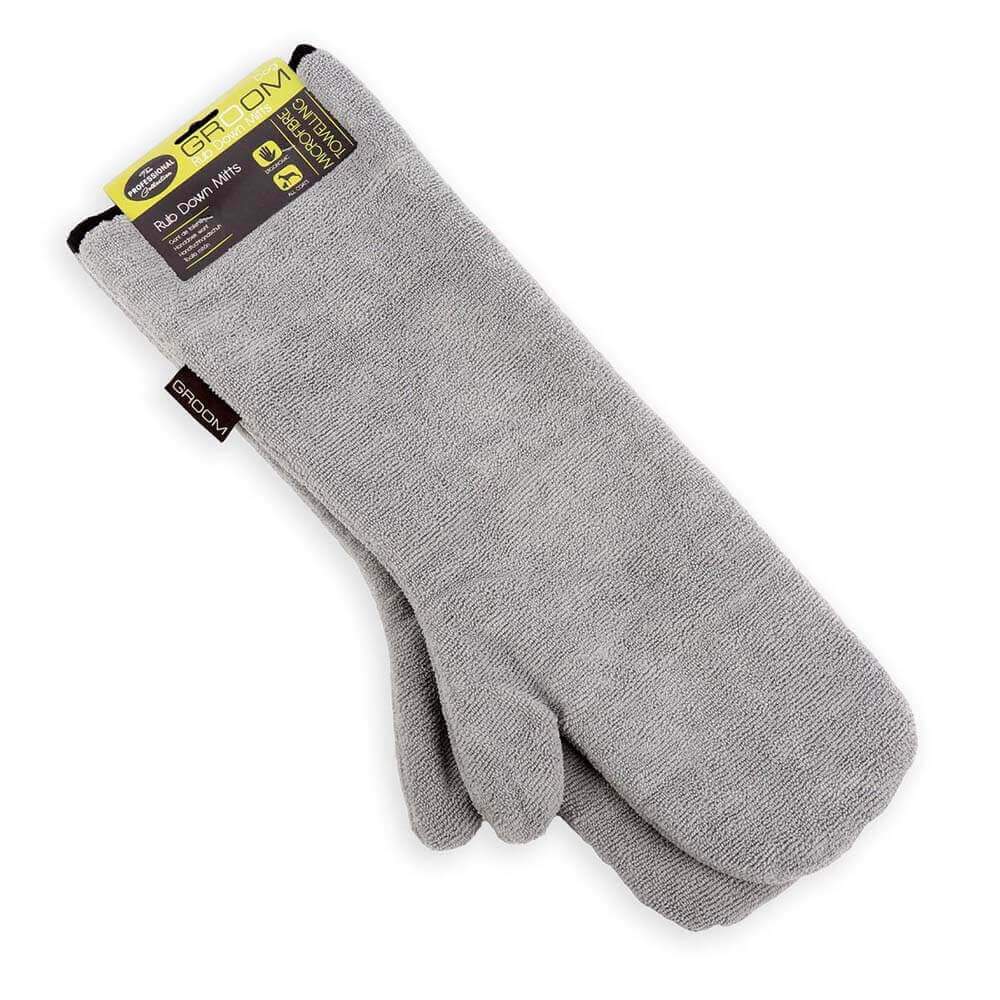 A single Dog Groom Rub Down Mitts Grey by Dog Groom with tag at the cuff.