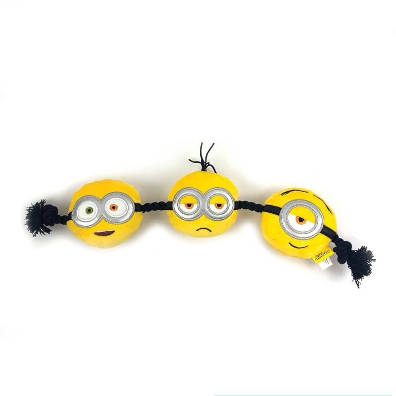 Happy Pet Minion® 3-Head Rope Tug Dog Toy features three squeaky plush Minions on black rope.