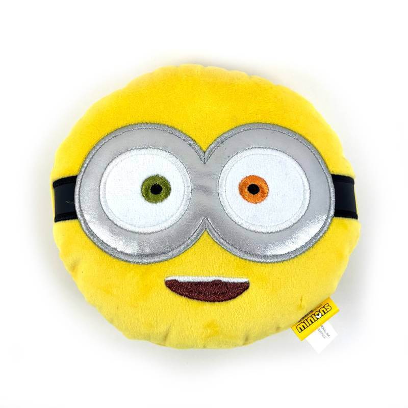 Happy Pet Minion® Squeaky Head Dog Toy—round yellow pillow, two-tone eyes, smile.