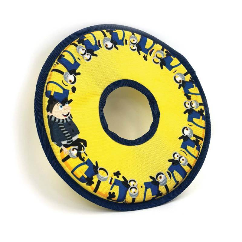 Happy Pet Minion® Canvas Frisbee Dog Toy: yellow round, villain design, central hole, blue trim.