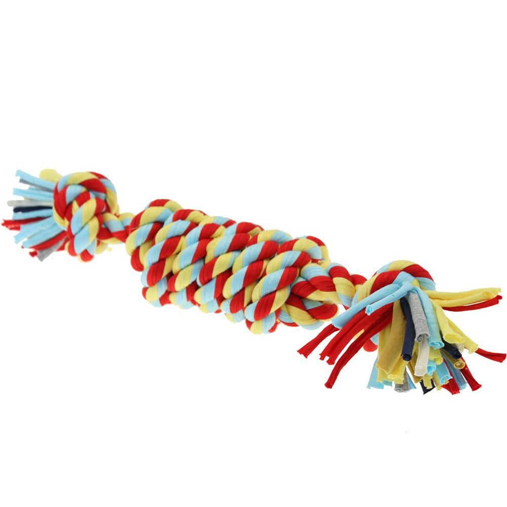 Twist Tee Twist-Tee Coil Tugger Multi-Coloured dog toy with fringed ends in red, blue, yellow.