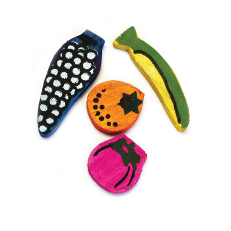 Happy Pet Nibblers Fruit 4pk: four wooden fruit chew toys by Happy Pet on a white background.