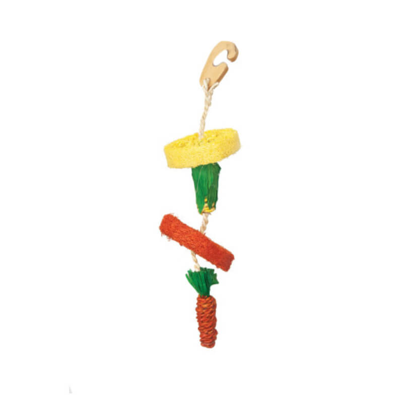 Happy Pet Natural Loofah Hanging Toy supports small animal dental health with rings and spiral.