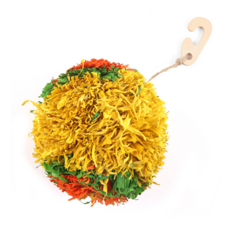 Happy Pet Bright Corny Pompom: colorful hanging nibble toy with wood hook for dental health.