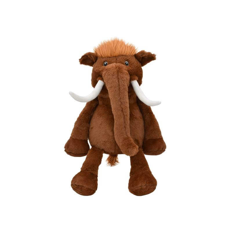 Happy Pet Mammoth 14" Sitting Dog Toy with shaggy brown fur and long tusks on white background.