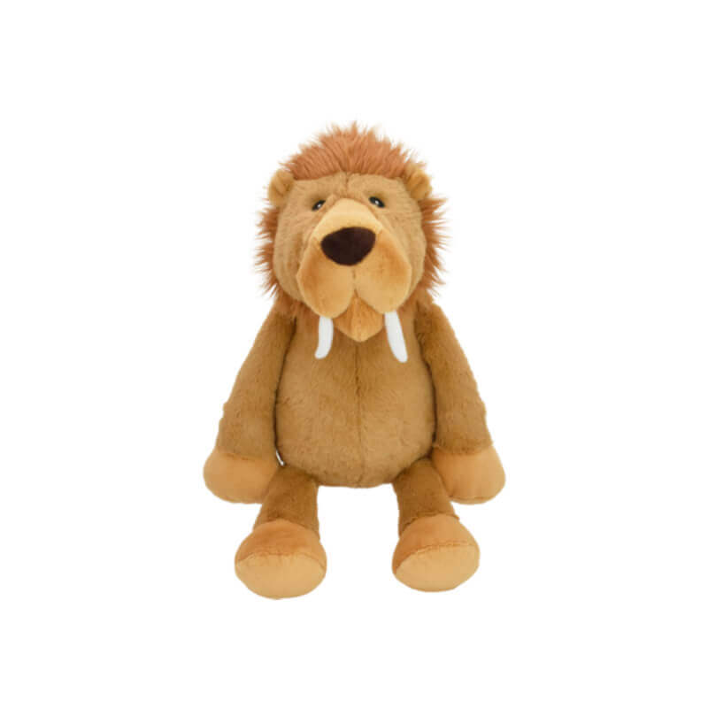 Happy Pet Sabretooth Tiger 14" sitting dog toy with brown fur, mane, and white tusks.