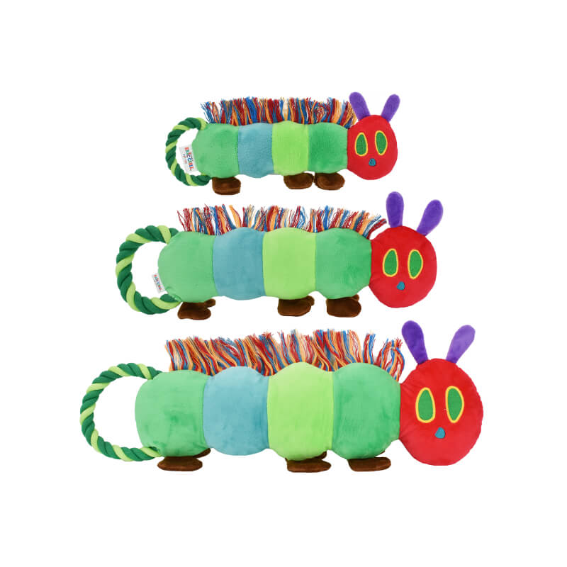 Three Happy Pet HP Eric Carle Very Hungry Caterpillar Rope Tugs with bright caterpillar design.