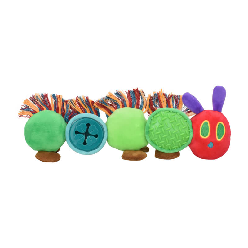 Happy Pet HP Eric Carle Very Hungry Caterpillar Treat Toy with colorful segments and antennae.