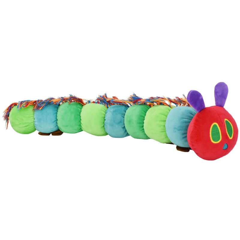 Happy Pet HP Eric Carle Very Hungry Caterpillar Plush with red head, purple antennae, green body.