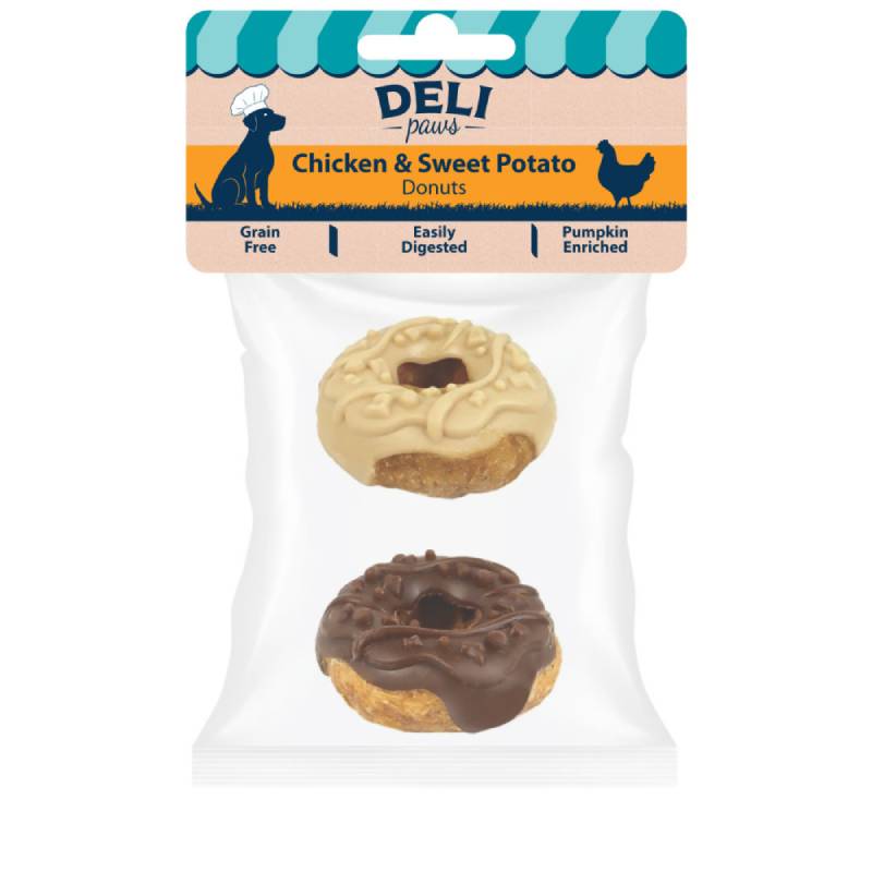 Two Deli Paws Donuts by Healthy Paws, one tan and one brown, in a clear treat package.