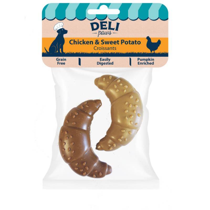 Two Deli Paws Croissants by Healthy Paws in clear pack labeled Chicken & Sweet Potato.