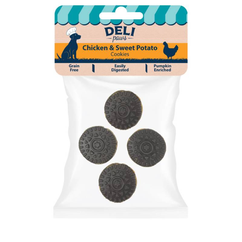 A pack of Healthy Paws Deli Paws Cookies with four round chicken and sweet potato treats shown.