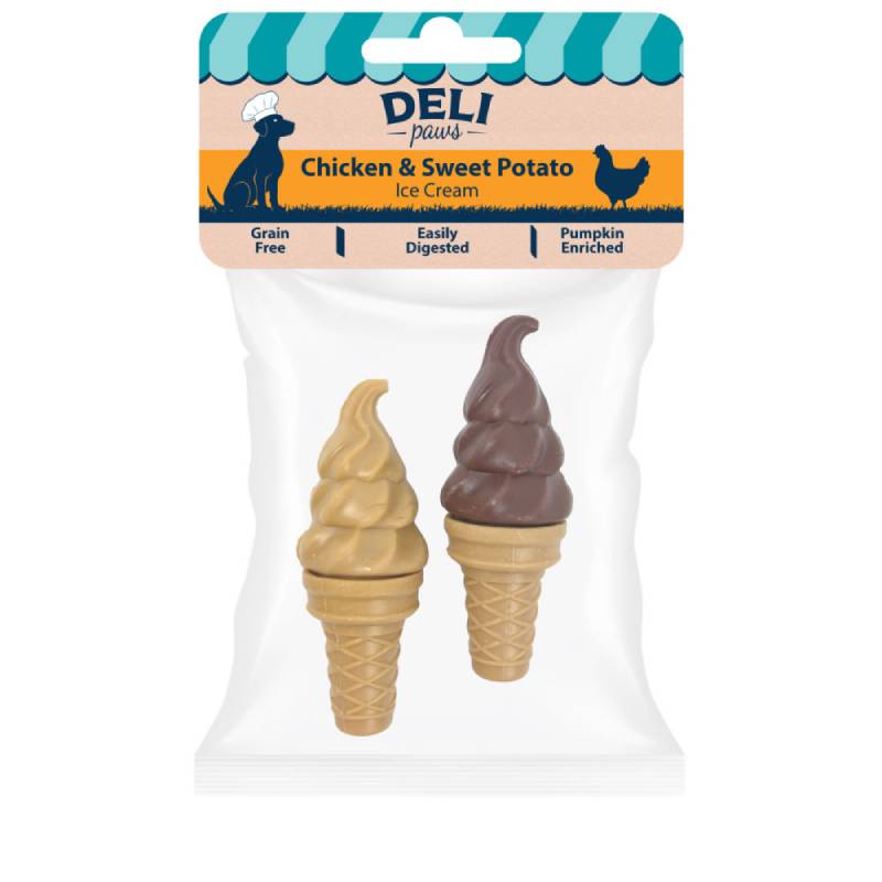 Two Deli Paws Ice Creams by Healthy Paws, Chicken &amp; Sweet Potato, in a clear pack.