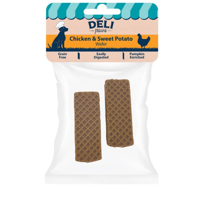 Healthy Paws Deli Paws Wafers—two brown chicken &amp; sweet potato dog snacks in clear packaging.
