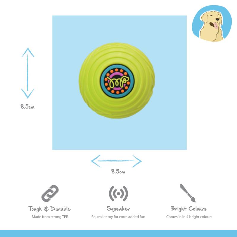 Groovers Happy Pet TPR Ball Dog Toy, 8.5cm, round yellow with colorful center design.