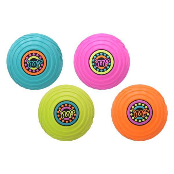 Set of four Groovers TPR Ball Dog Toys in teal, pink, yellow &amp; orange with patterned centers.