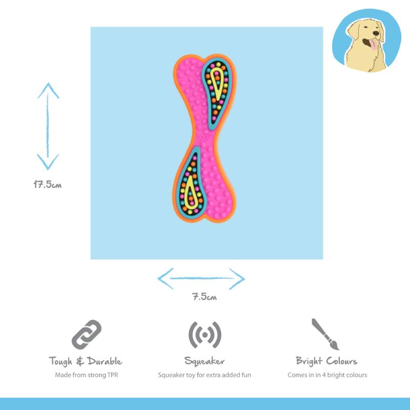 Groovers Happy Pet TPR Bone Dog Toy, 17.5x7.5cm, pink with patterns, on blue background.