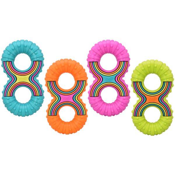 Groovers Happy Pet TPR Figure of 8 Dog Toy in blue, orange, pink &amp; green for play.