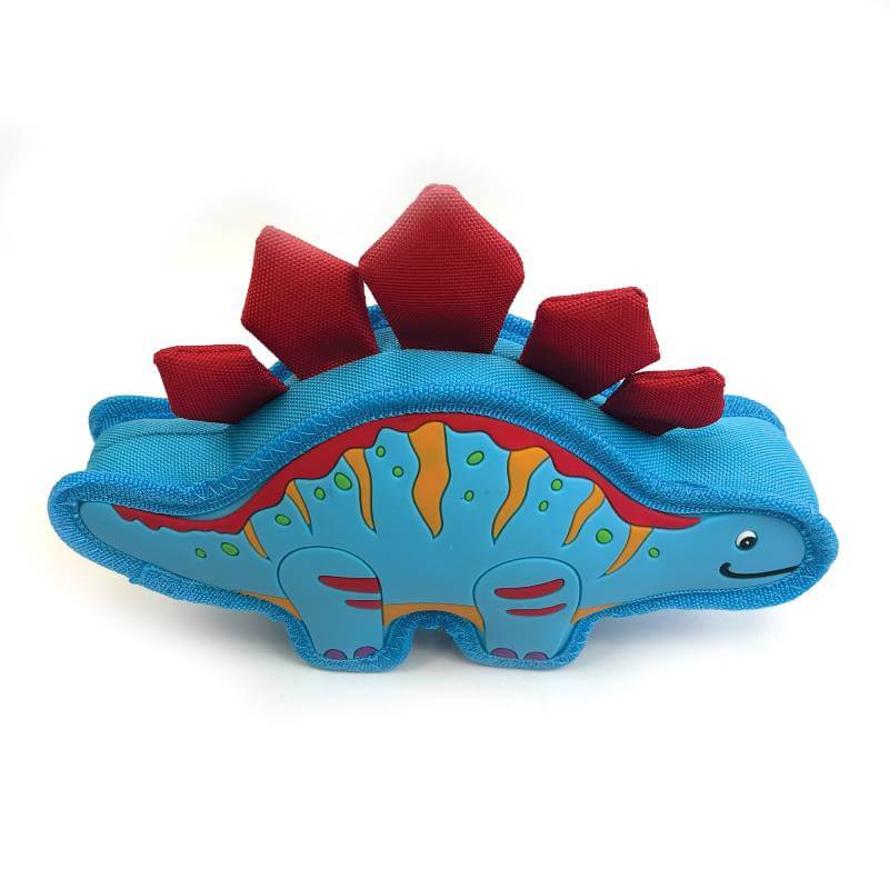 Groovers Happy Pet Sky Dinosaur TPR Dog Toy—blue/orange with red spikes, great for dental health.