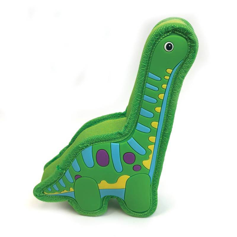 Groovers Happy Pet Olive Dinosaur TPR Dog Toy with colorful patterns and friendly look.
