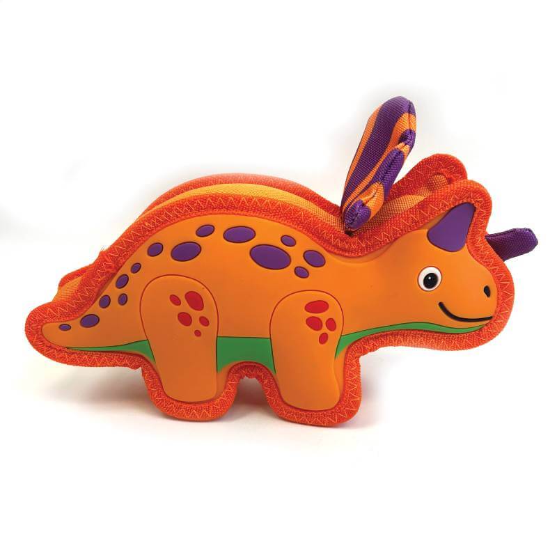 Groovers Happy Pet Amber Dinosaur TPR Dog Toy: orange, purple spots, smile, purple handle.