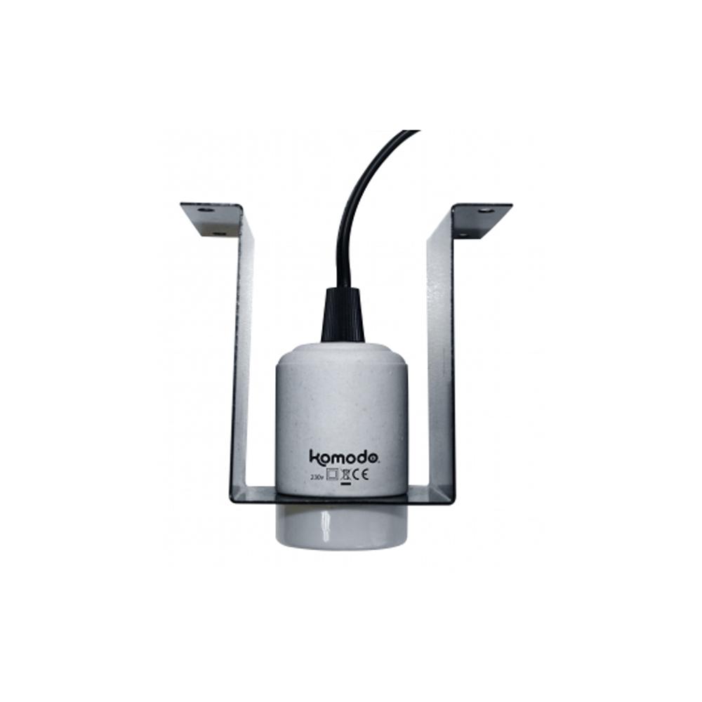 Komodo Advanced Ceramic Lamp Fixture 200W with E27 cap, metal bracket, and black cable.
