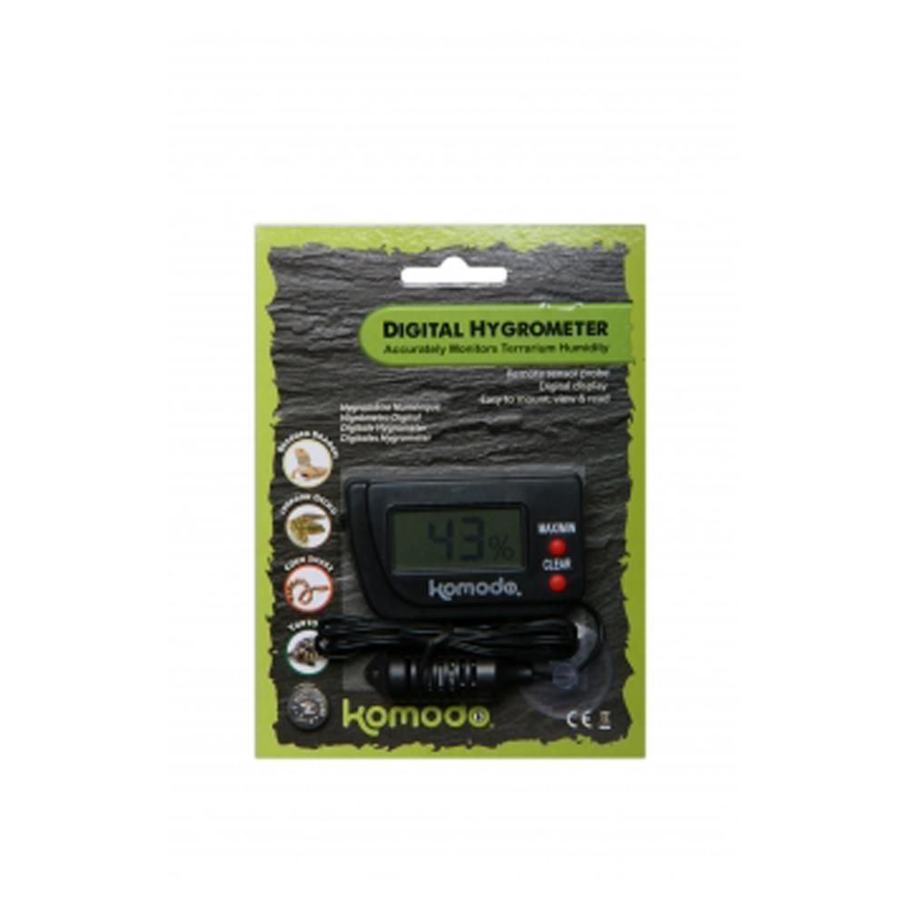 Komodo Digital Hygrometer by Komodo shows 43% humidity with remote sensor, in packaging.