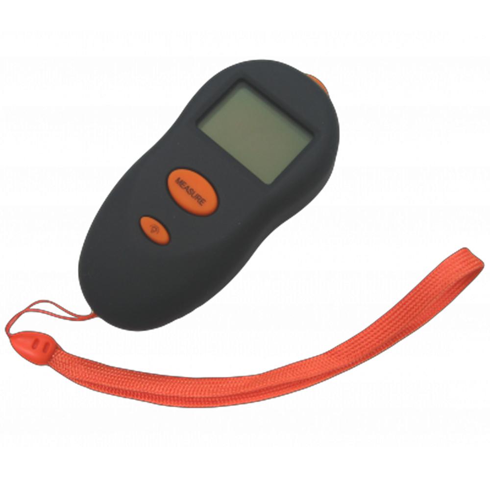 Komodo Infrared Thermometer—black, orange buttons, wrist strap, compact design.