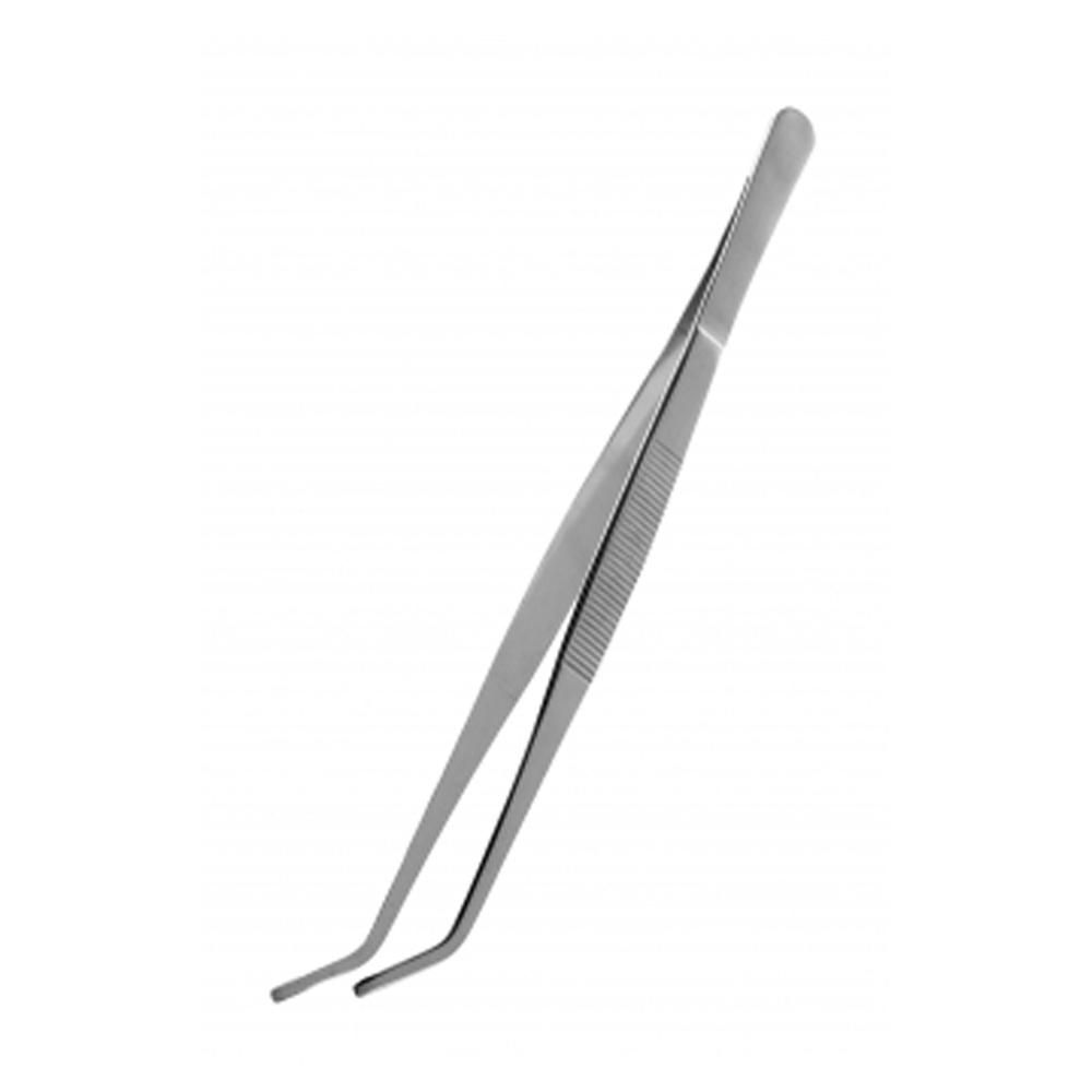Komodo Feeding Tongs Angled 25cm—ridged grip stainless steel tool for reptile feeding.