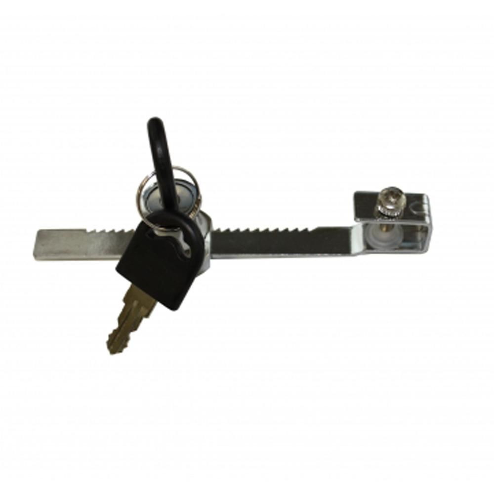 Komodo Terrarium Lock secures reptile enclosures with a metal sliding window lock and key.