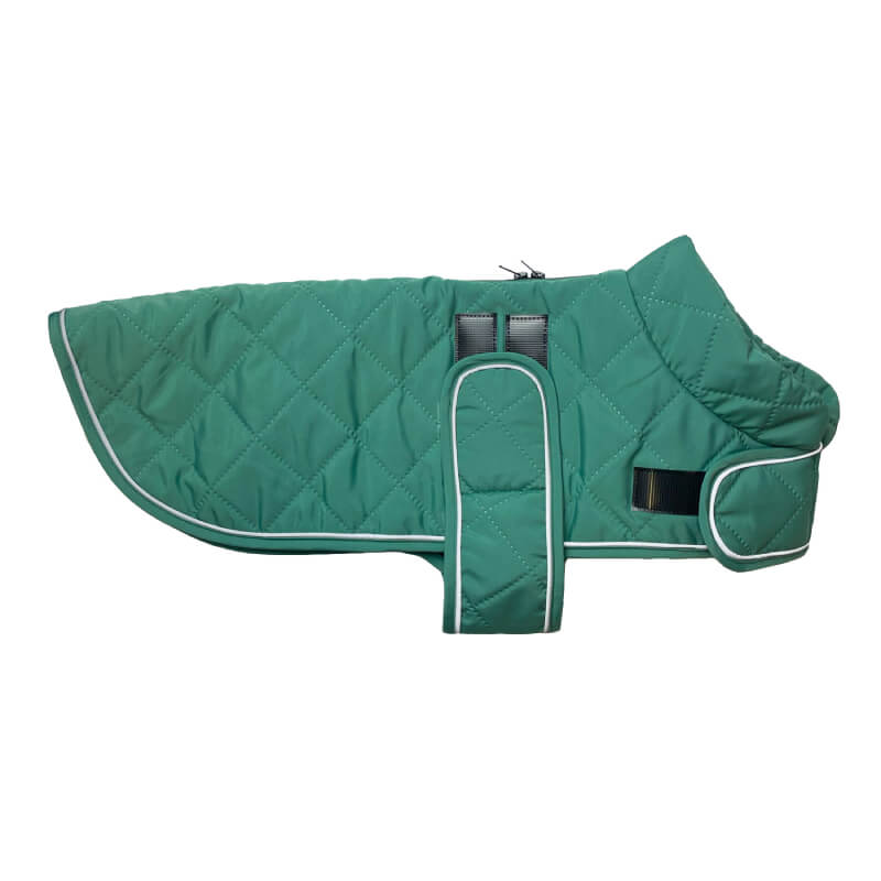 Happy Pet Quilted Classic Dog Coat Teal with white trim, zipper, and adjustable belly strap.