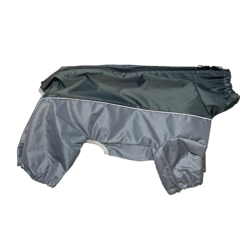 Happy Pet Waterproof Mud Coat in gray and dark green with elastic legs and a top zipper.