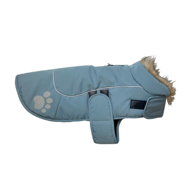 Happy Pet Paw Print Dog Jacket Sky Blue, reflective with fur trim, shown from the side.