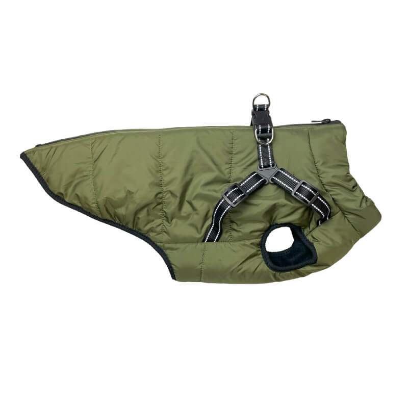 Happy Pet Green Harness Dog Jacket with black harness and white stitching.