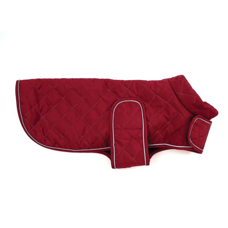 Happy Pet Quilted Classic Dog Coat Burgundy with gray trim and velcro strap for easy fastening.