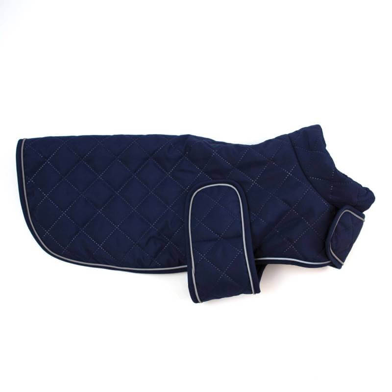 Happy Pet Quilted Classic Dog Coat in navy with white piping, shown laid flat on white.