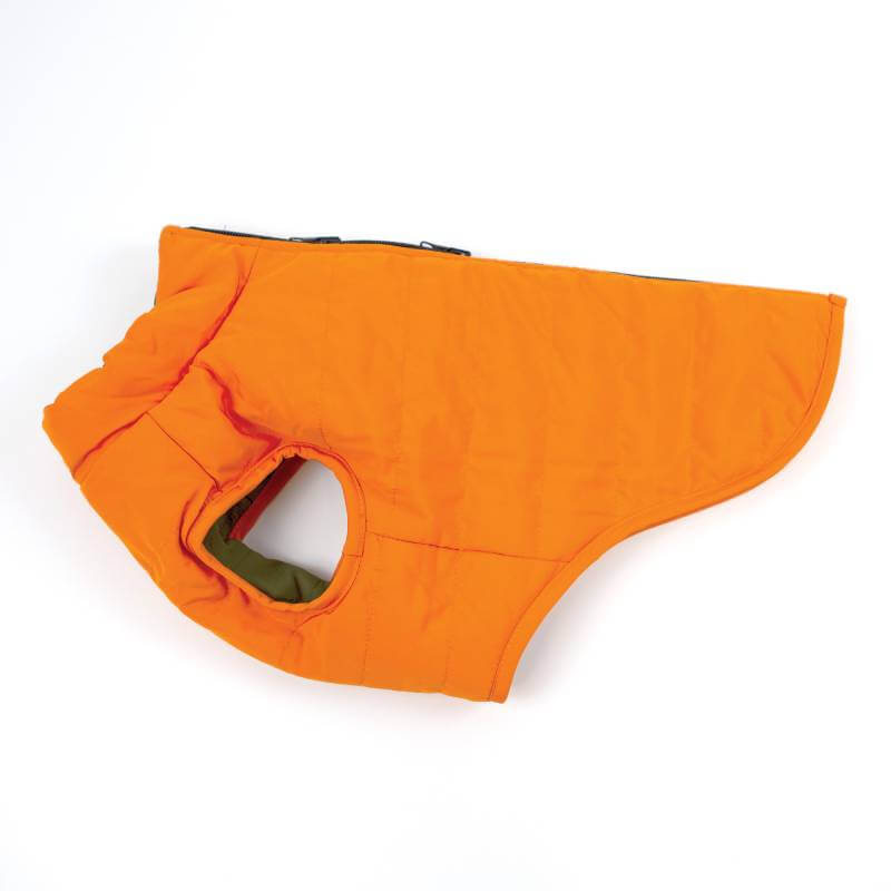 Happy Pet Reversible Puffer Dog Coat in orange/khaki, shown flat on a white background.