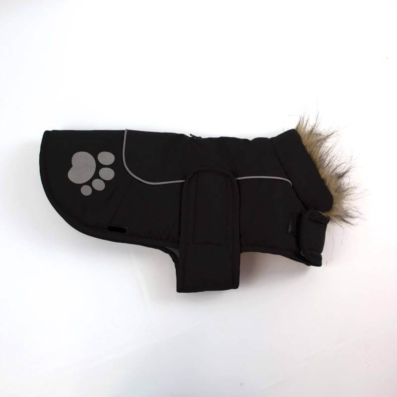 Happy Pet Paw Print Dog Jacket Black by Happy Pet, fleece lined, shown laid flat on white.