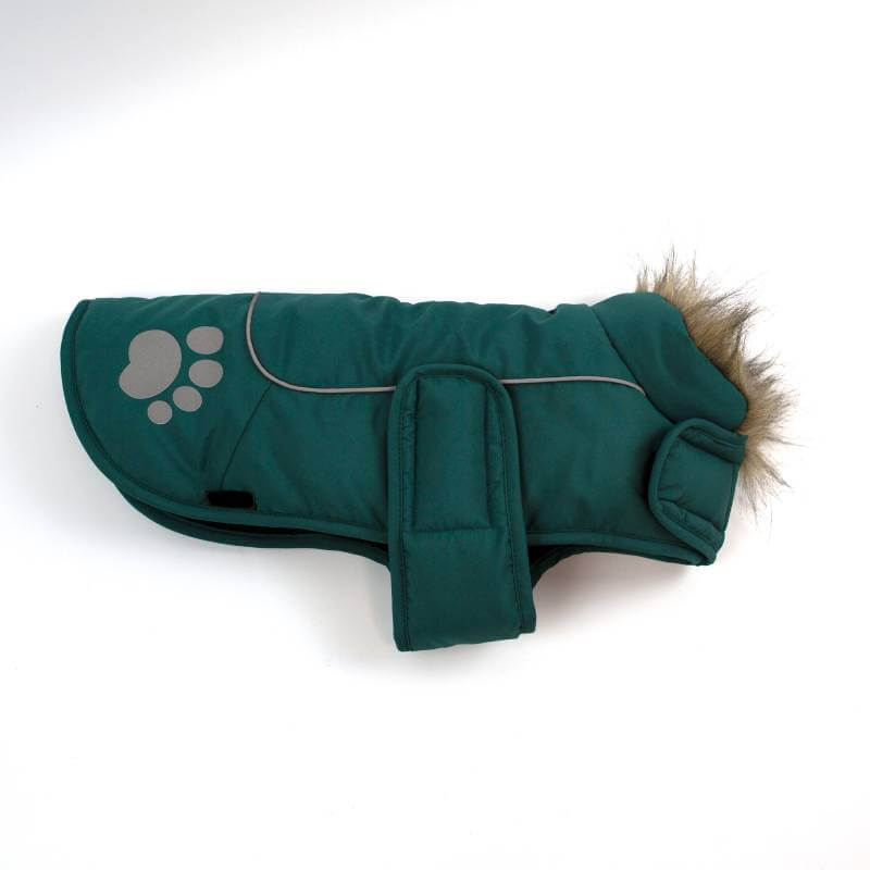 Happy Pet Paw Print Dog Jacket in teal with fur trim and large side paw print design.