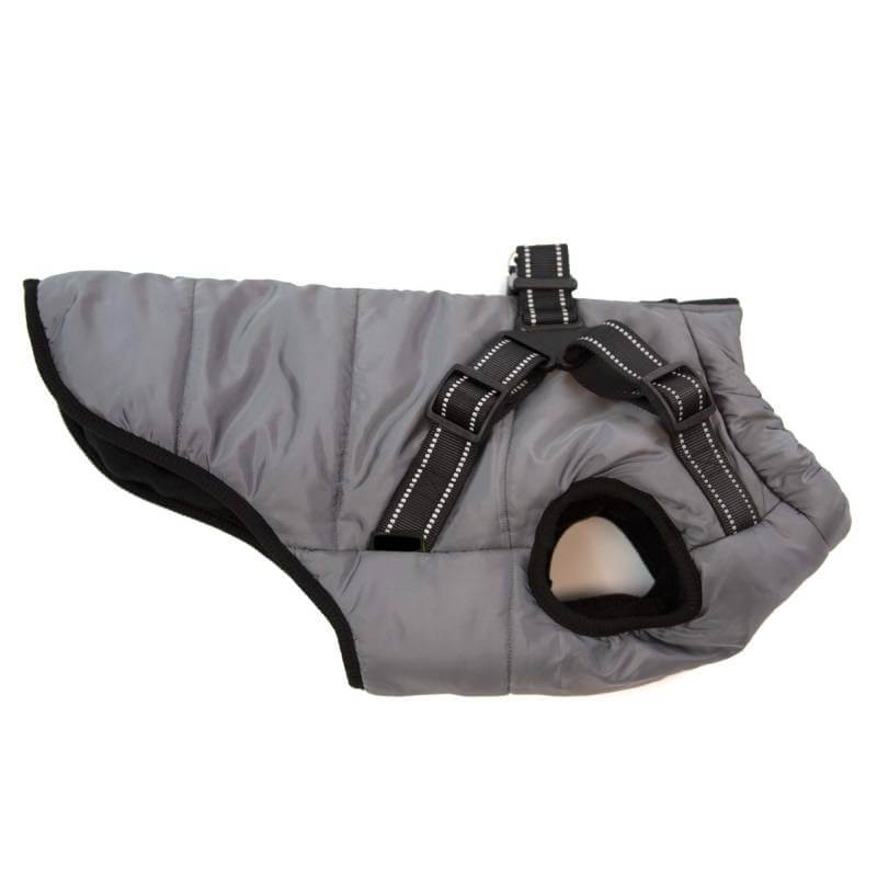 Happy Pet Dark Grey Harness Dog Jacket with black straps and reflective stitching.