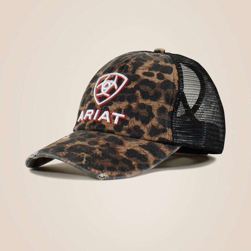 Ariat Adults Embossed Logo Cheetah Print Cap Black shown on pale background with mesh back.