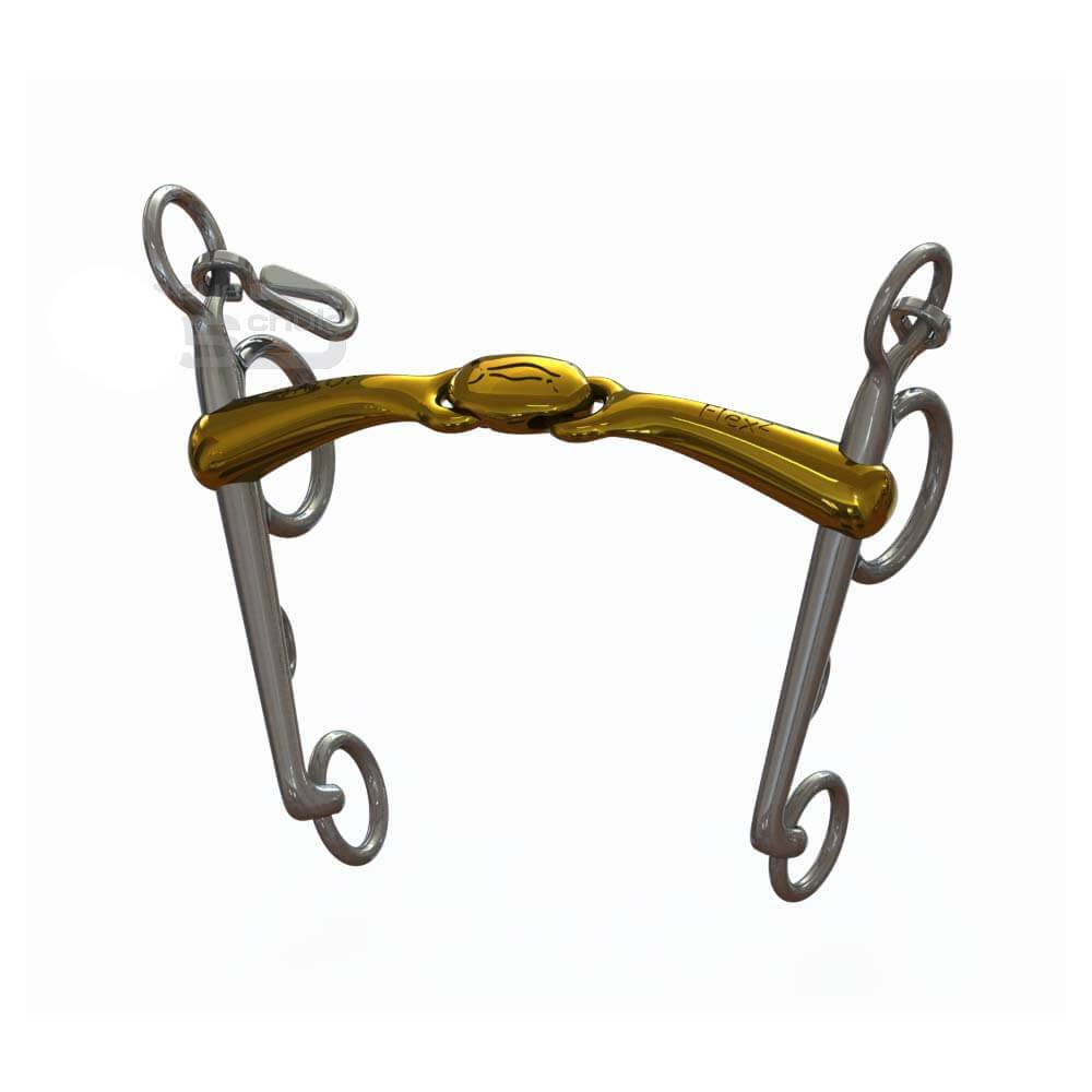 The Neue Schule Turtle Top Pelham With Flex is a double jointed bit with silver shanks and a gold mouthpiece.