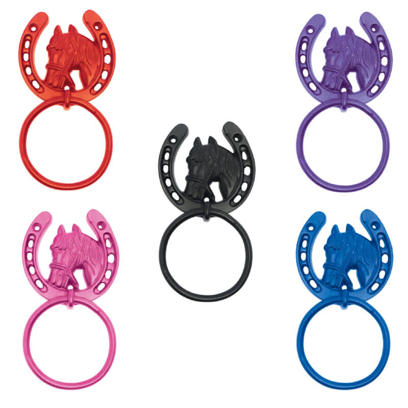 Five Perry Shoe Tie Rings on Plate by Perry shown on white background with horse-head designs.