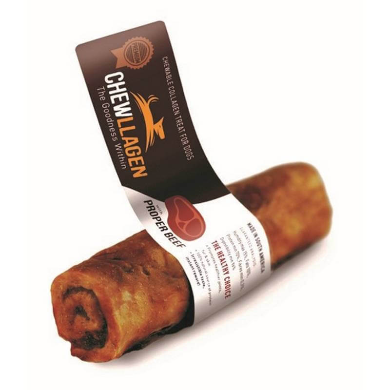 Chewllagen Collagen Beef Flavour Roll 5" Dog Chew for joint health, brown &amp; white branding.