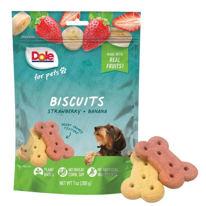 Dole Dog Biscuits Assorted Strawberry &amp; Banana 198g pack with bone-shaped treats in front.