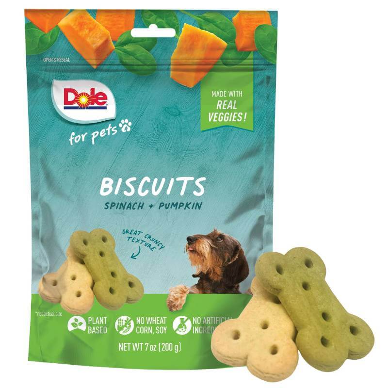 Dole Dog Biscuits Assorted Spinach &amp; Pumpkin 198g with dog and veggie-themed packaging.