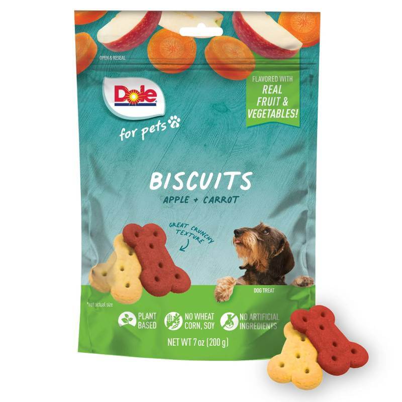 Dole Dog Biscuits Assorted Apple &amp; Carrot 198g wheat-free, bone-shaped dog treats.