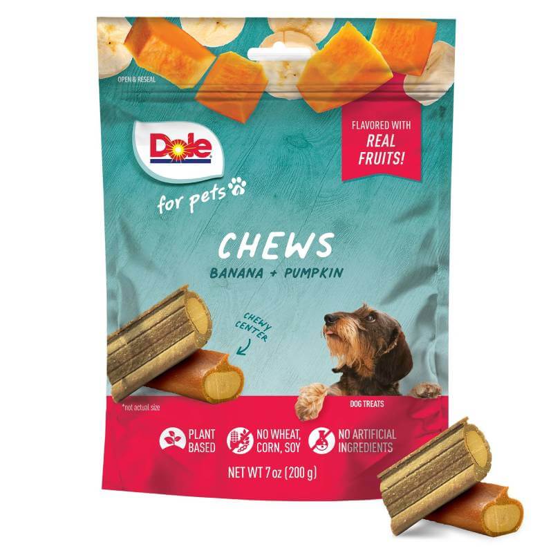 Dole Dog Chews Banana &amp; Pumpkin Assorted 200g are natural, wheat-free treats with a chewy center.