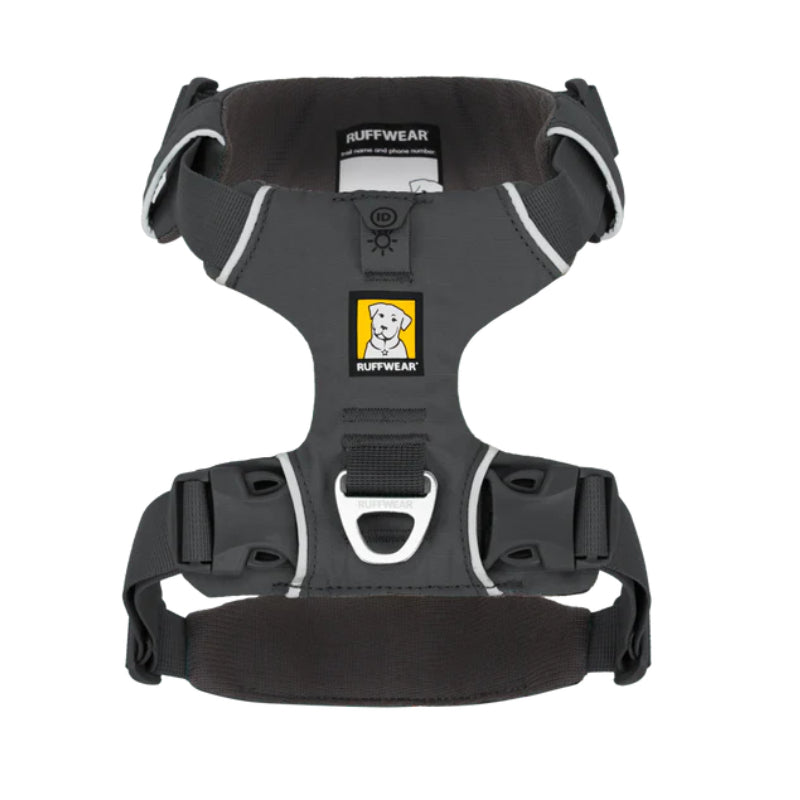 Basalt Grey Ruffwear Front Range Harness with padding and yellow Ruffwear dog logo.